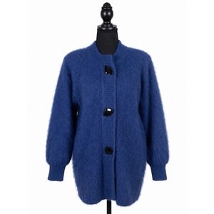 Angora blend Fuzzy Vintage VENESHA Blue Lined Sweater Coat S Sweater Button
